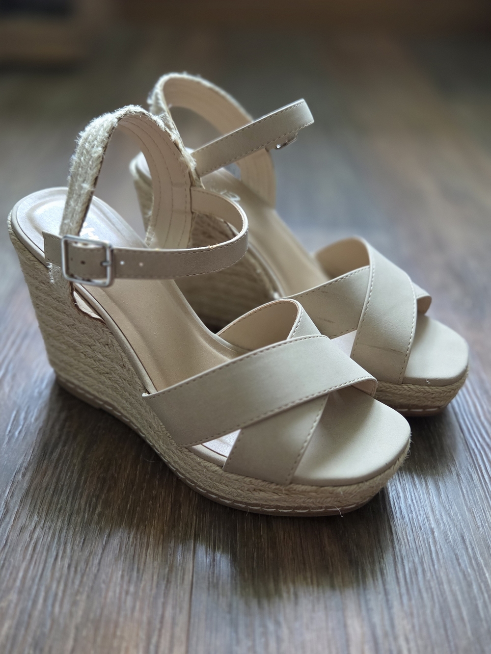Beige Espadrille Wedge Sandals with Ankle Strap